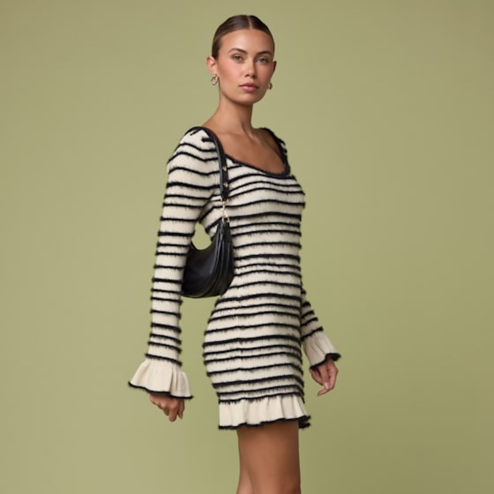 Lulus Cozy Outlook Ivory Fuzzy Striped Long Sleeve Sweater Mini Dress White in S